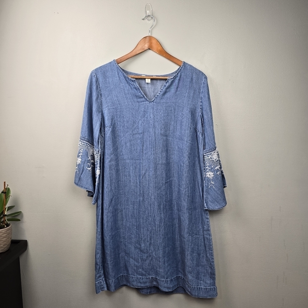 Coastal Western Short Denim Dress Embroidered Ruffle Flared Sleeve Womens Sz M - Picture 2 of 13